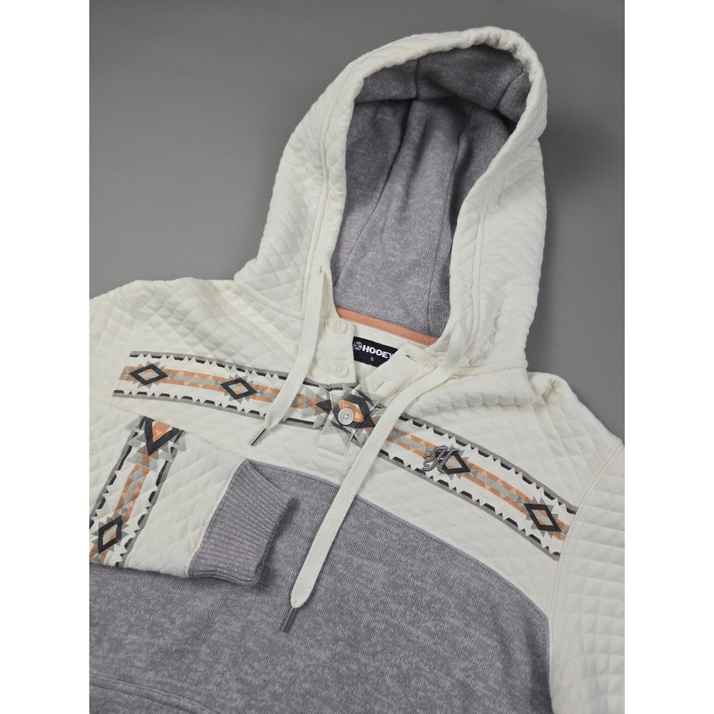 Hooey Mens Southwestern Quilted Henley Hoodie Grey Cream Small